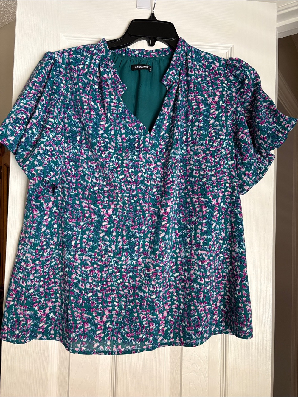 Market & Spruce Teal Floral V-Neck Short Flutter Sleeve Blouse